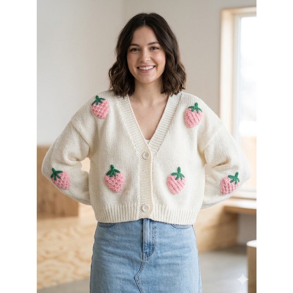 Luna Ivy 3D Strawberry Chunky Knit Cardigan  Size L Cream Pink Cottagecore
